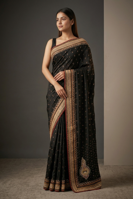 Black Crepe Embroidered Saree With Unstitched Blouse
