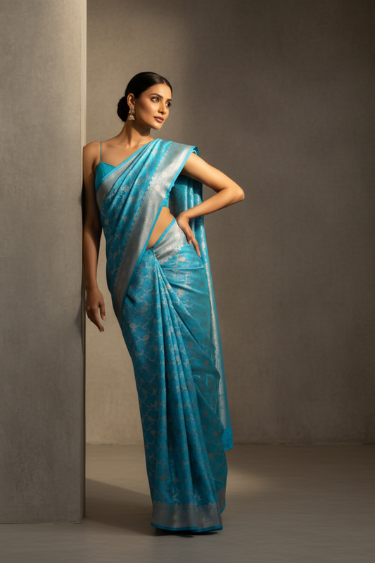 Mesmerizing Charm Dark Firozi Banarasi Silk Saree With Unstitched Blouse