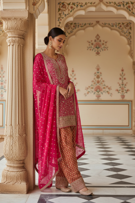 Rani Georgette Readymade Suit & Palazzo Pants With Georgette Dupatta