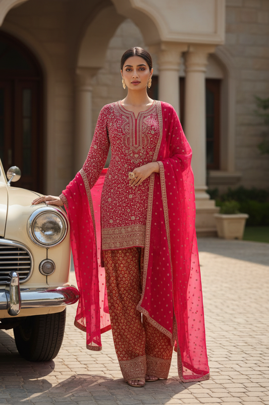 Rani Georgette Readymade Suit & Palazzo Pants With Georgette Dupatta