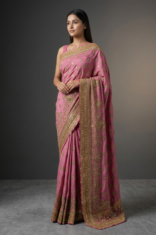 Gajari Crepe Embroidered Saree With Unstitched Blouse