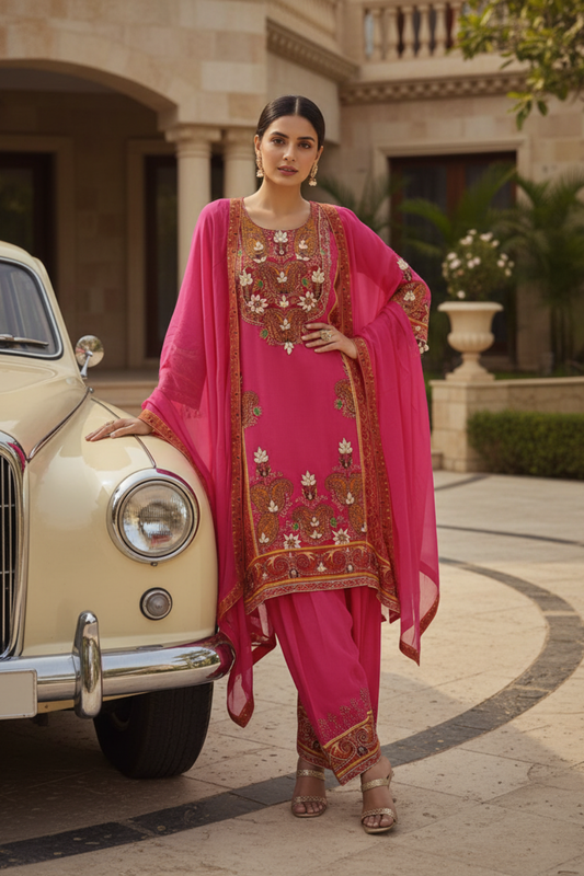 Rani Crepe Readymade Suit & Palazzo Pant With Chiffon Dupatta