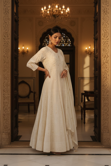 Off White Georgette Floor Length Readymade Suit With Georgette Dupatta
