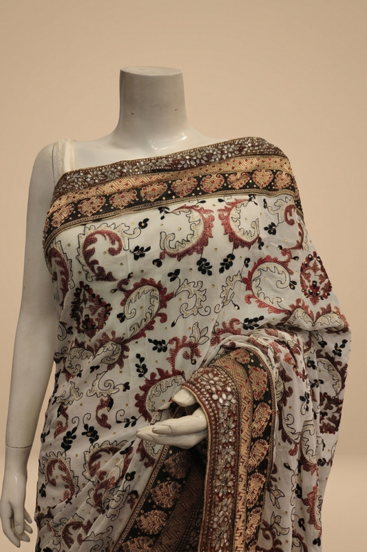 White Georgette Embroidered Saree With Unstitched Blouse