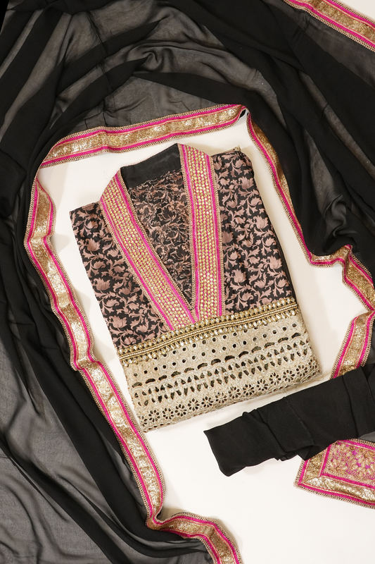 Black Lace Georgette Semi Stitched Salwar Suit With Dupatta