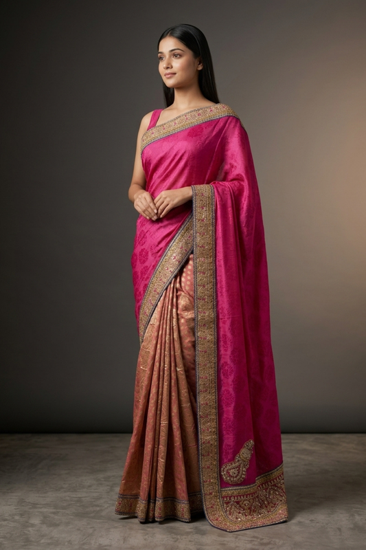 Rani Peach Jacquard Khaddi Embroidered Saree With Unstitched Blouse
