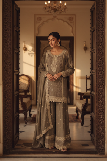 Olive Shimmer Readymade Sharara Set With Chinon Dupatta