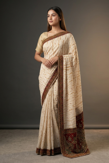 Tussar Georgette Embroidered Saree With Unstitched Blouse