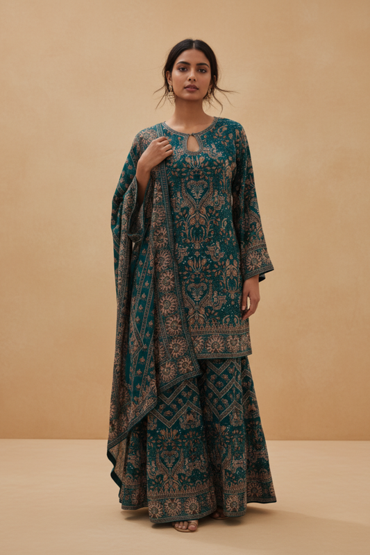 Rama Crepe Readymade Sharara Set With Crepe Dupatta