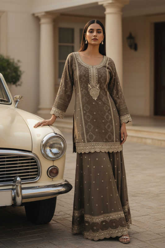 Olive Shimmer Readymade Sharara Set With Chinon Dupatta
