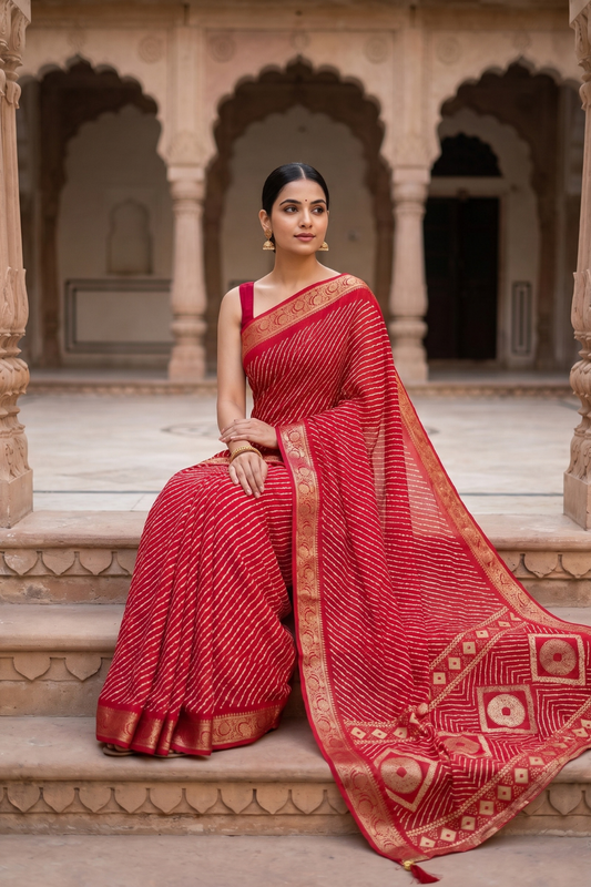 Red Chinon Saree With Unstitched Blouse