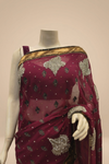 Garnet Chiffon Embroidered Saree With Unstitched Blouse