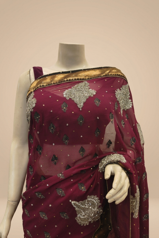 Garnet Chiffon Embroidered Saree With Unstitched Blouse