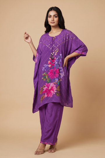 Purple Crepe Readymade Suit And Plazzo Set