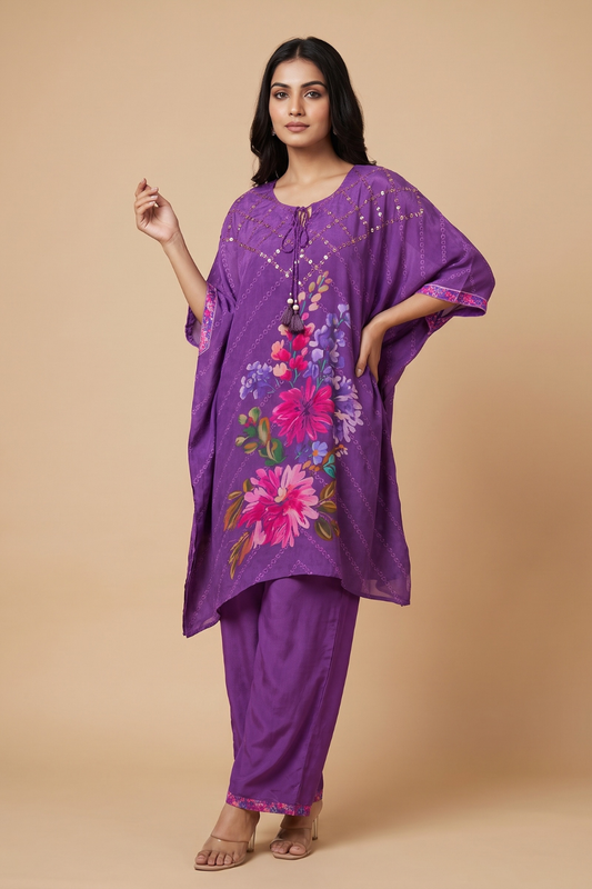Purple Crepe Readymade Suit And Plazzo Set