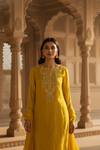 Sunshine Charm Mustard Crepe Readymade Suit And Plazzo With Chinon Dupatta
