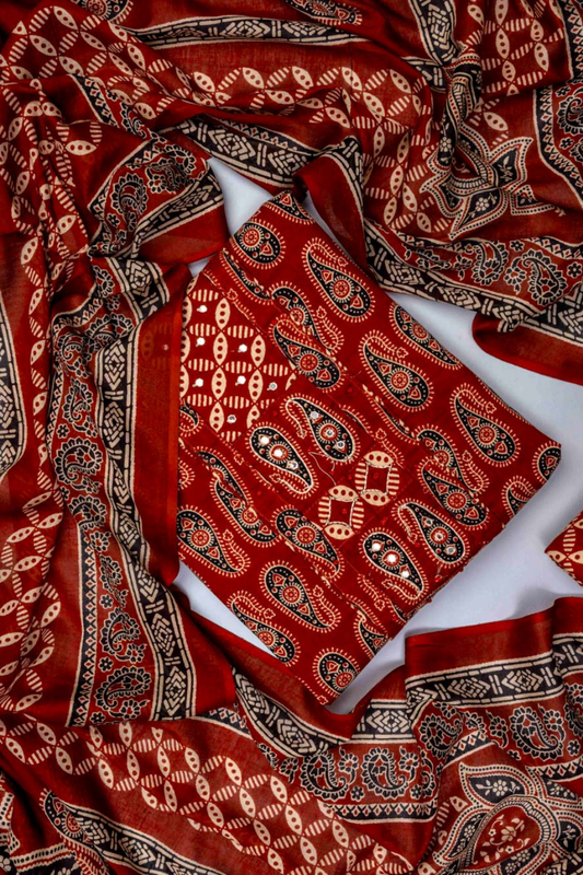 Maroon Cotton Unstitched Salwar Suit With Cotton Dupatta