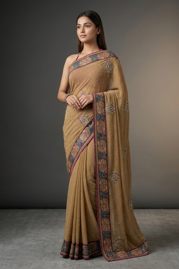 Tussar Georgette Embroidered Saree With Unstitched Blouse