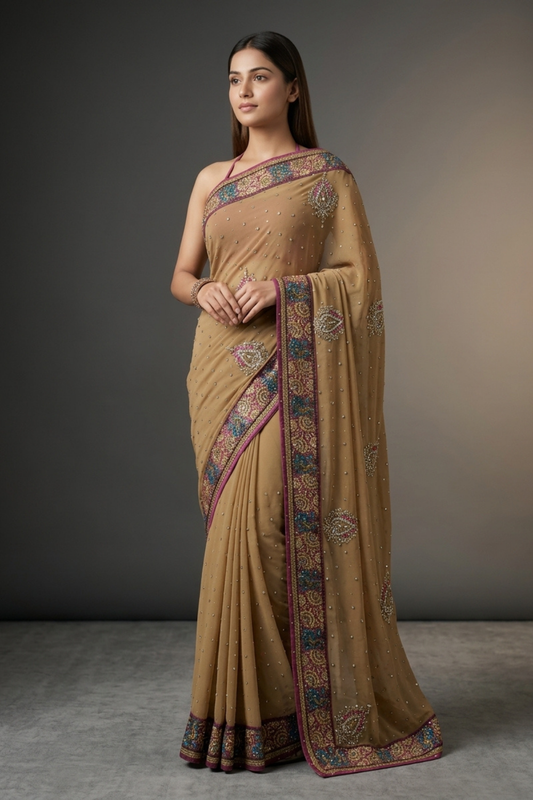 Tussar Georgette Embroidered Saree With Unstitched Blouse