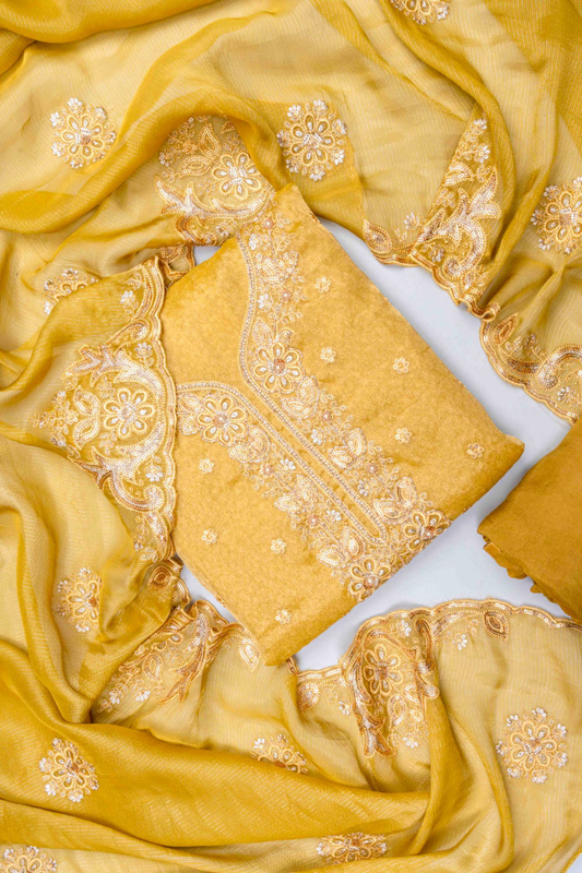 Mustard Organza Unstitched Salwar Suit With Organza Dupatta