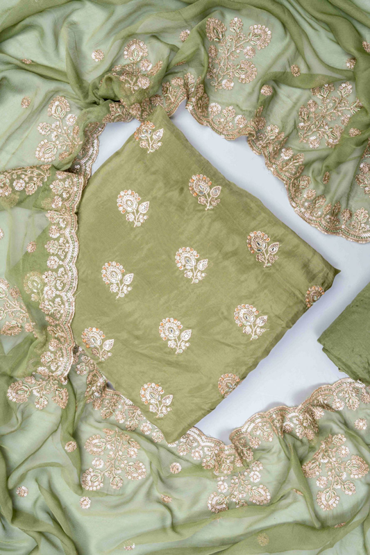 Pista Organza Unstitched Salwar Suit With Chiffon Dupatta