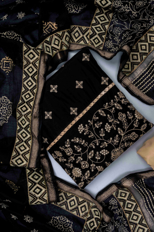 Tussar Black Cotton Unstitched Salwar Suit With Cotton Dupatta