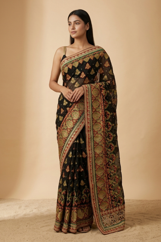 Black Georgette Embroidered Saree With Unstitched Blouse