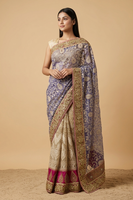 Royal Tussar Net Embroidered Saree With Unstitched Blouse