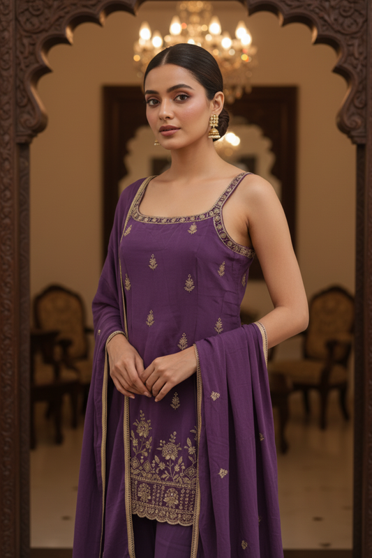 Mauve Crepe Readymade Sharara Set With Crepe Dupatta