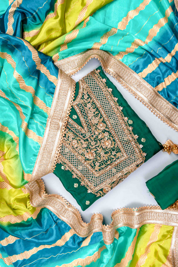 Bottle Green Dola Unstitched Salwar Suit With Dola Dupatta