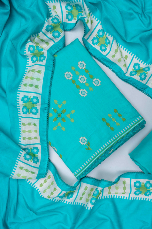 Tea Green Cotton Unstitched Salwar Suit With Cotton Dupatta