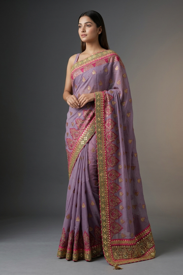 Mauve Georgette Embroidered Saree With Unstitched Blouse