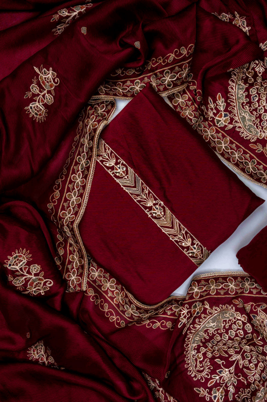 Maroon Crepe Unstitched Salwar Suit With Crepe Dupatta