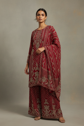 Dark Gajari Crepe Readymade Suit And Sharara With Crepe Dupatta