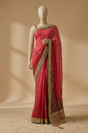 Coral Maroon Georgette Embroidered Saree With Unstitched Blouse