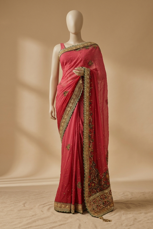 Coral Maroon Georgette Embroidered Saree With Unstitched Blouse