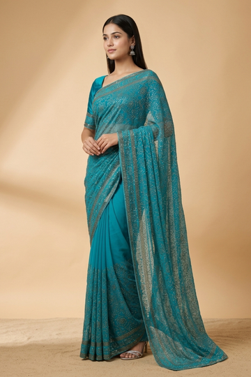 Firozi Georgette Embroidered Saree With Unstitched Blouse
