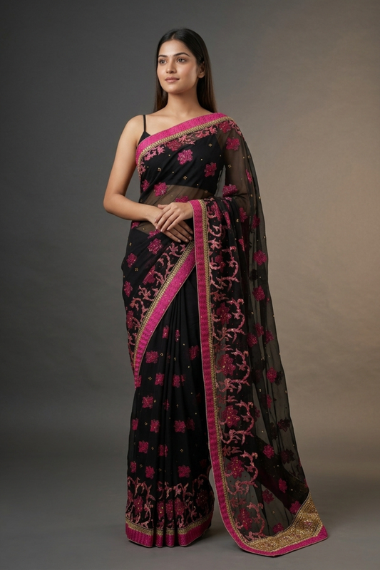 Black Chiffon Embroidered Saree With Unstitched Blouse