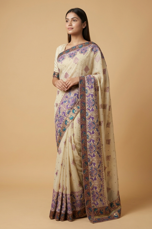Tussar Chiffon Embroidered Saree With Unstitched Blouse