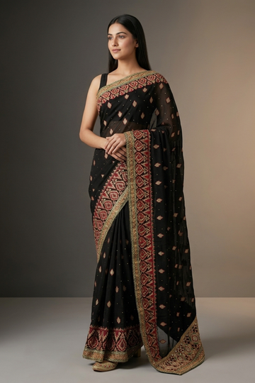 Black Crepe Embroidered Saree With Unstitched Blouse