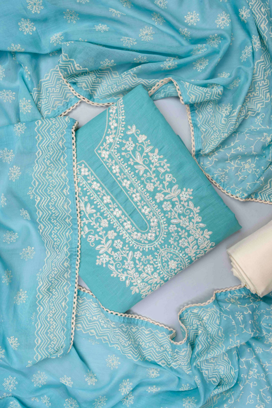 Sky Blue Cotton Unstitched Salwar Suit With Cotton Dupatta