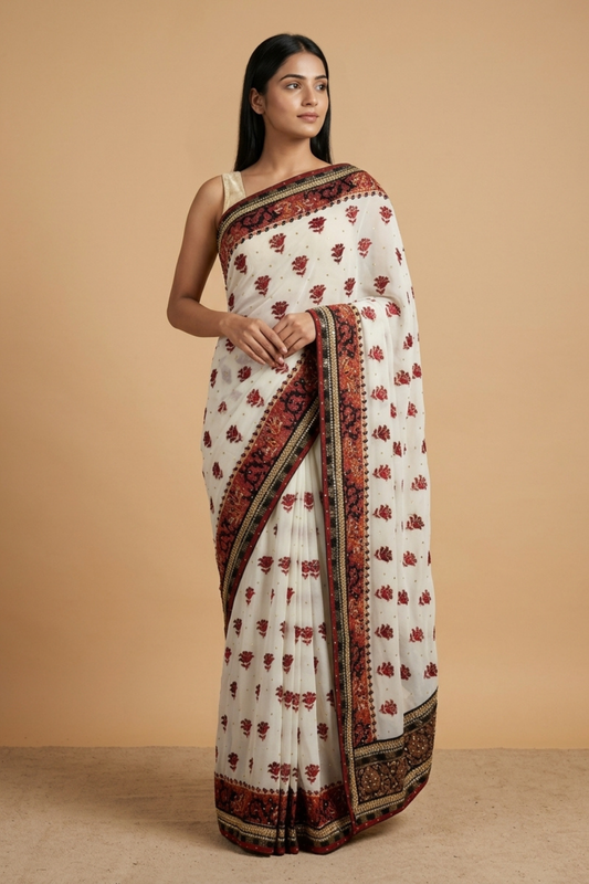 White Chiffon Embroidered Saree With Unstitched Blouse
