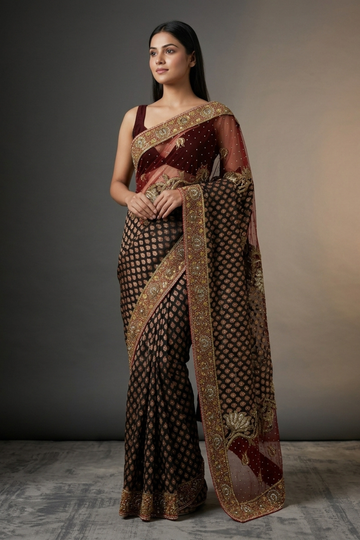 Black Upada Silk Embroidered Saree With Unstitched Blouse