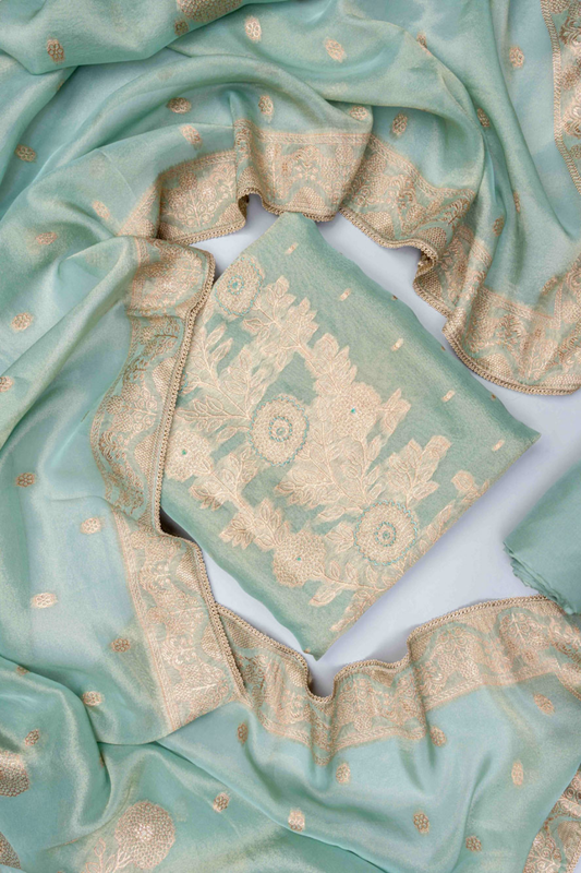 Mint Green Shimmer Unstitched Salwar Suit With Shimmer Dupatta