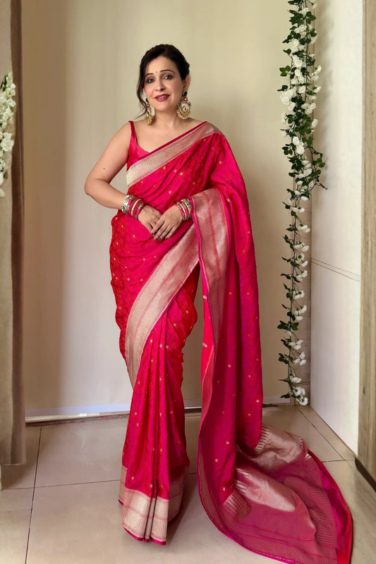 Timeless Elegance Rani Bandhani Gharchola Zari Border Banarasi Silk Saree With Unstitched Blouse (Ft:-Anjan Prasad)
