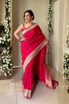 Timeless Elegance Rani Bandhani Gharchola Zari Border Banarasi Silk Saree With Unstitched Blouse (Ft:-Anjan Prasad)