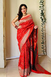 Grace Redefined Red Bandhani Gharchola Zari Border Banarasi Silk Saree With Unstitched Blouse (Ft:-Anjan Prasad)
