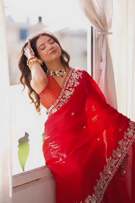 Grace Redefined Red Organza Saree With Unstitched Blouse (Ft. Arti Chauhan)