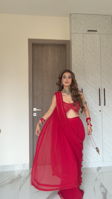 Grace Redefined Red Georgette Printed Saree With Unstitched Blouse