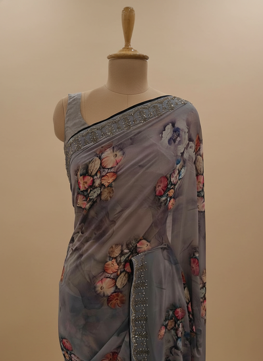 Grey Georgette Saree With Unstitched Blouse